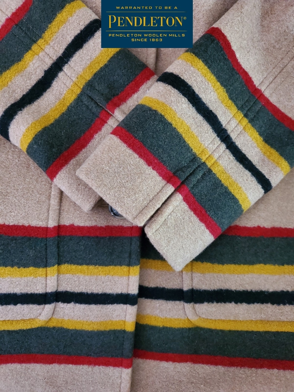 Pendleton Wool Topper Coat Camel Tan Striped Cuffs Hem Pockets Women Large NWOT - Picture 10 of 11